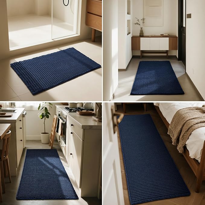 Triohero Waffle Bath Mat, Boho Bathroom Rugs Non Slip Washable, Ultra Soft Super Absorbent Quick Dry Farmhouse Bathroom Decor, 24" x 36", Navy Blue