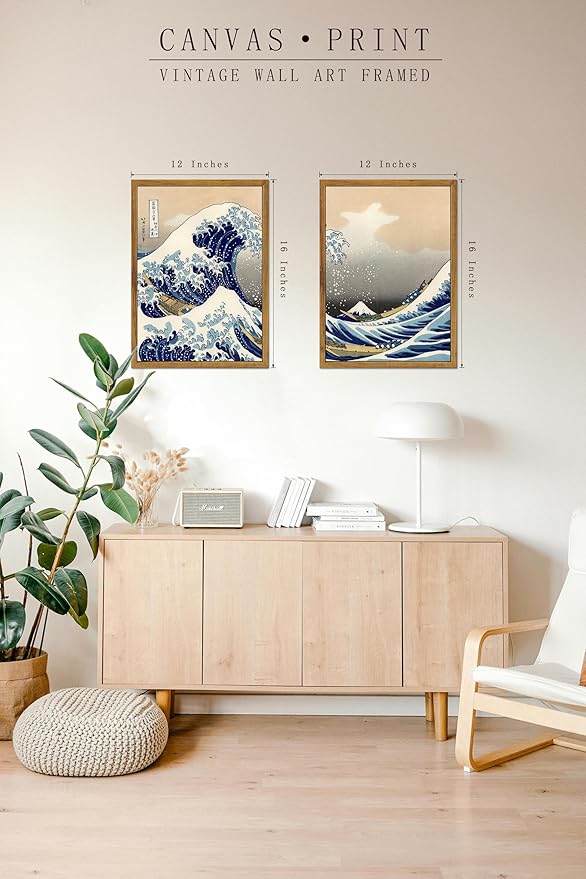 ARTZIO Vintage Framed Canvas Art – The Great Wave off Kanagawa by Hokusai, Japanese Ocean Wave Wall Art, Classic Japanese Decor, Coastal Home Art, Ready to Hang(12"x16")