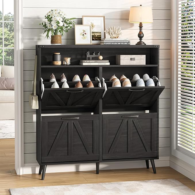 Vabches Shoe Cabinet with 4 Flip Drawers,Narrow Shoe Storage Cabinet for Entryway,Farmhouse Freestanding Shoe Organizer Rack for Hallway,Black