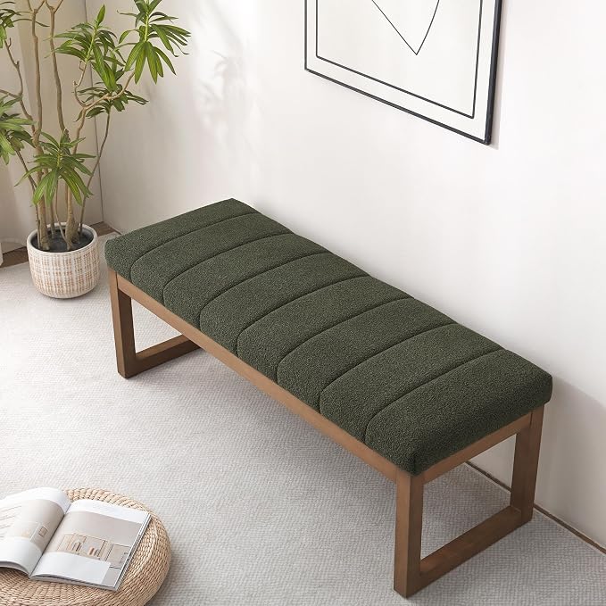 Zihanhome 52.7" Bedroom Bench for End of Bed, Modern Upholstered Teddy Fabric Entryway Bench & Dining Bench, Footrest Stool Bench with Solid Wood Frame for Bedroom, Living Room (Green)
