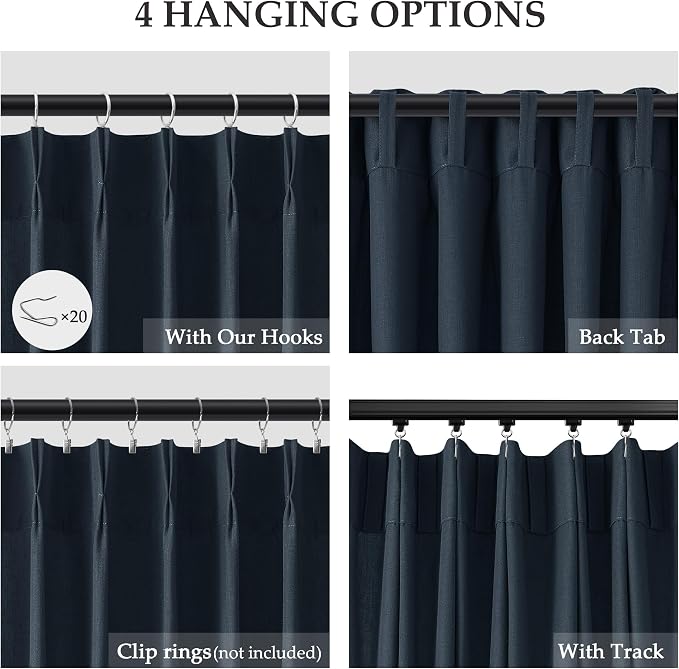 Aersas Vintage Blue Pinch Pleated Linen Curtains 120 Inches 2 Panels for Living Room Bedroom Privacy Windows Treatment Light Filtering Sliding Glass Door Curtain House Casual Decorations 40x120
