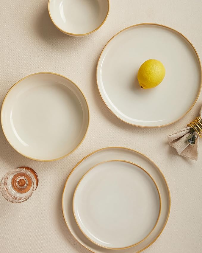 Pokini Plates and Bowls Sets, 16 Pieces Dinnerware Set for 4 with Pasta Bowls, Handmade Dishes Set, Chip Resistant Dishware Sets, Microwave Safe Dinner Set, Designed for Interactive Meal, Yellow White
