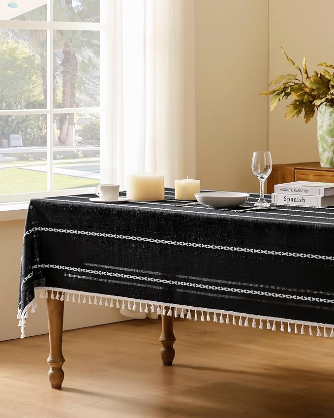 ZeeMart Hemstitched Embroidery Striped Boho Tablecloth 60x60 Inch Black, Heavy Weight Farmhouse Burlap Linen Black Tablecloth, Wrinkle Resistant Washable Table Cloth for Square Table
