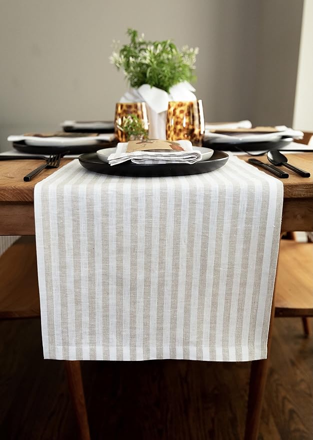 Solino Home Linen Table Runner 72 Inches Long - Amalfi Stripe, 100% Pure Linen Natural and White Table Runner 14 x 72 Inch for Dining, Dresser, Summer