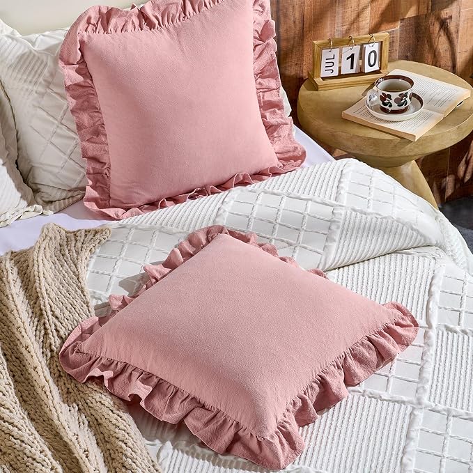 AmHoo Pack of 2 Throw Pillow Covers 100% Cotton Pre Washed Ruffle Decorative Pillowcase Cushion for Couch Sofa Bedroom 20 x 20-Inch Bridal Rose
