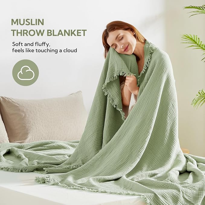 SOULFUL Muslin Throw Blanket with Tassels - Soft Cotton Throw Blanket for Couch or Bed, Lightweight and Breathable Gauze for All Seasons, Grassgreen, 50" x 60"