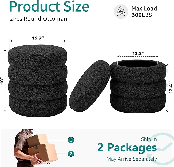 Busaurus Round Ottoman with Storage for Living Room Small Boucle Foot Stool Modern Upholstered Vanity Stool Ottoman Foot Rest for Dorm Corner Home Decor, Set of 2 (Black)