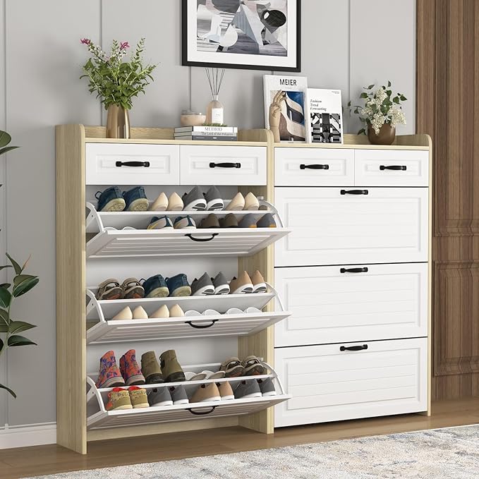 Large Shoe Cabinet for Entryway, Slim Hidden Shoe Storage Cabinet with 3 Flip Drawers and 2 Top Drawers,Shoe Rack Organizer Cabinet for Hallway, Brown and White