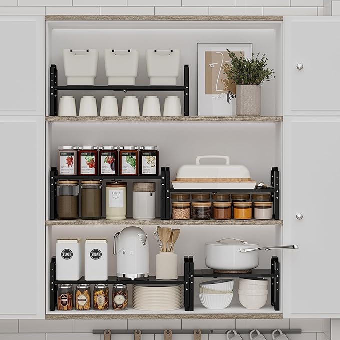 Jojocross Expandable Shelf for Cabinet Organizer Adjustable Stackable Spice Rack at Kitchen and Bathroom More, Counter Countertop Cupboard Organization Pantry Storage(MEDIUM/1PACK/BLACK)