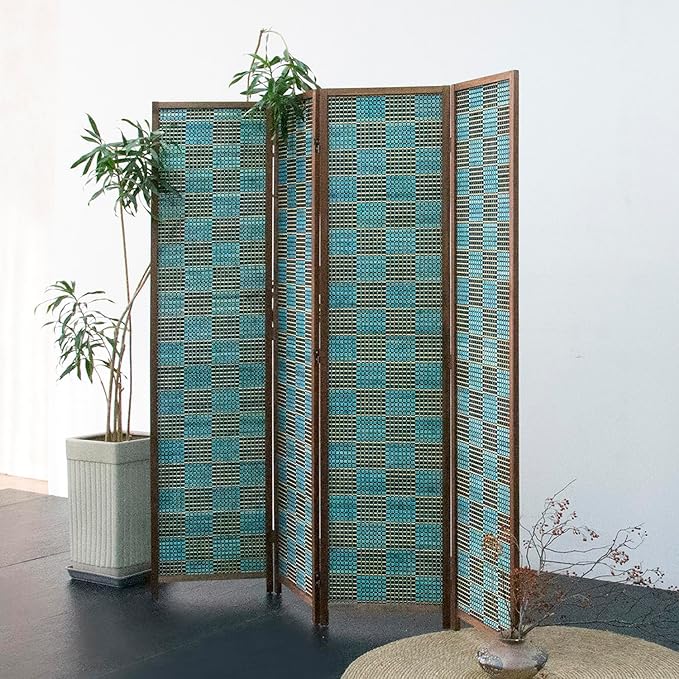 Furnnylane 4 Panel Room Divider Screen and Folding Panel Screen,Double Sided Bamboo Divider for Room Separation,Blue Square,67" H x 63" W