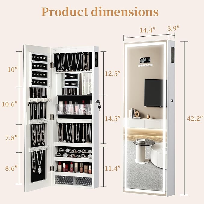 LED Mirror Jewelry Cabinet with Bluetooth Speaker, Wall/Door Mounted Jewelry Organizer Armoire, Full Length Lighted Mirror with Jewelry Storage,Jewelry Box Standing for Women