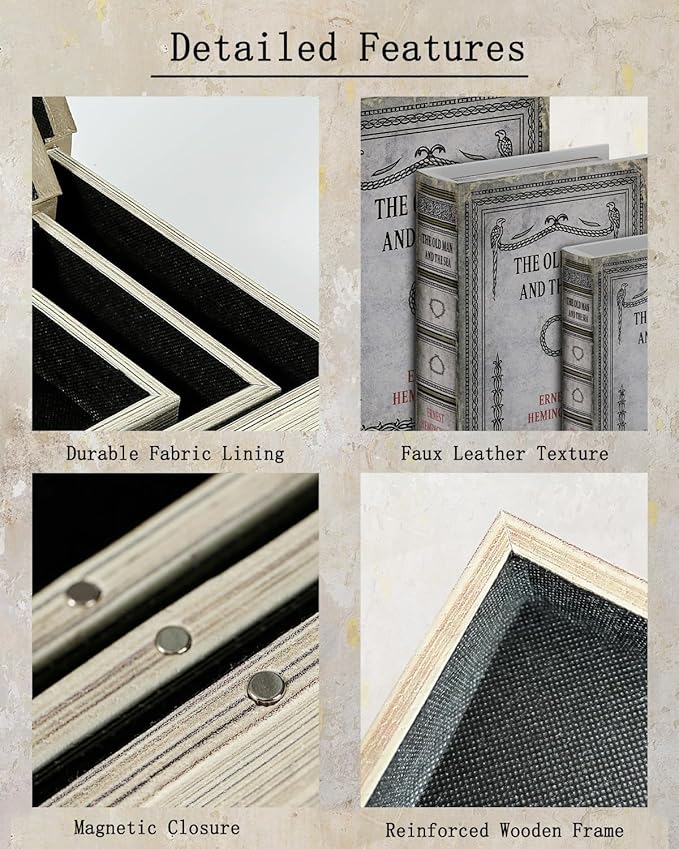 Vintage Faux Leather Decorative Book Box Set of 3 – Wooden Secret Storage Box with Magnetic Closure, Hidden Organizer for Bookshelf, Desk, or Office Decor (The Old Man and The Sea)