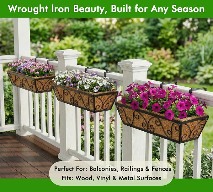 Y&M 24 Inch Window Deck with Coco Liner, Fence Metal Hanging Flower Planter Window Basket Deck Railing Planter Boxes for Outdoor Garden Lawn-Butterfly, 4pcs