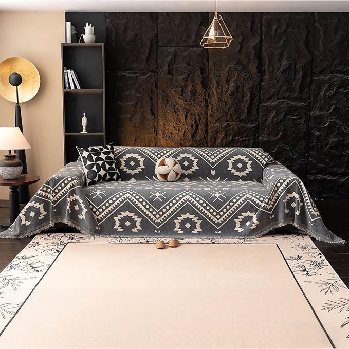 VClife Bohemian Aztec Couch Cover Sectional Sofa Slipcover Washable Chenille Couch Cover for 3 Cushion Couch Sofa - Gray White Tribal Geometric Pattern Furniture Protector with Tassel Edge 71" X 134"