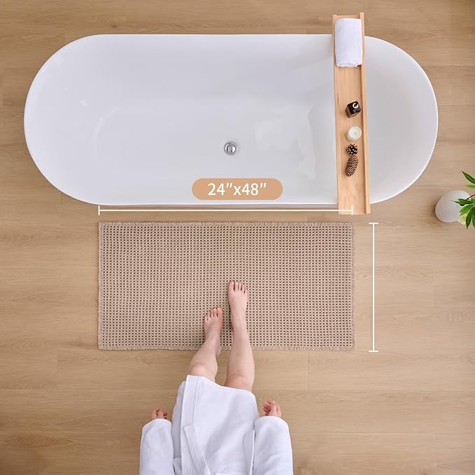 ILANGO Upgraded Waffle Bathroom Rugs,Super Absorbent Boho Non Slip Runner Bathroom Mats Quick Dry,Ultra Soft Machine Washable Mat with Tassels for Hallway,24x48,Khaki