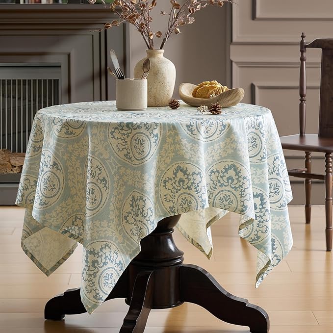 Vintage Blue Damask Square Tablecloth: Floral Linen Farmhouse Table Cloth - Pattern Printed on Burlap Textured Fabric Outdoor Table Cover for Kitchen,Dining,Party,Picnic Decor, 55x55 Inch