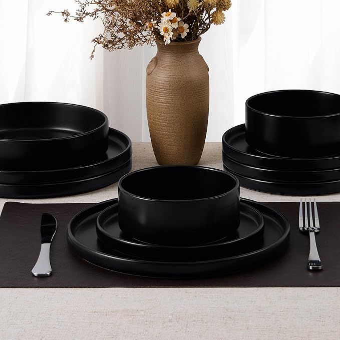 E-far Black Dinnerware Sets for 8, 24-Piece Stoneware Plates and Bowls Dish Set, Modern Kitchen Dinning Dishware, Chip and Scratch Resistant, Microwave & Dishwasher Safe, Matte Black