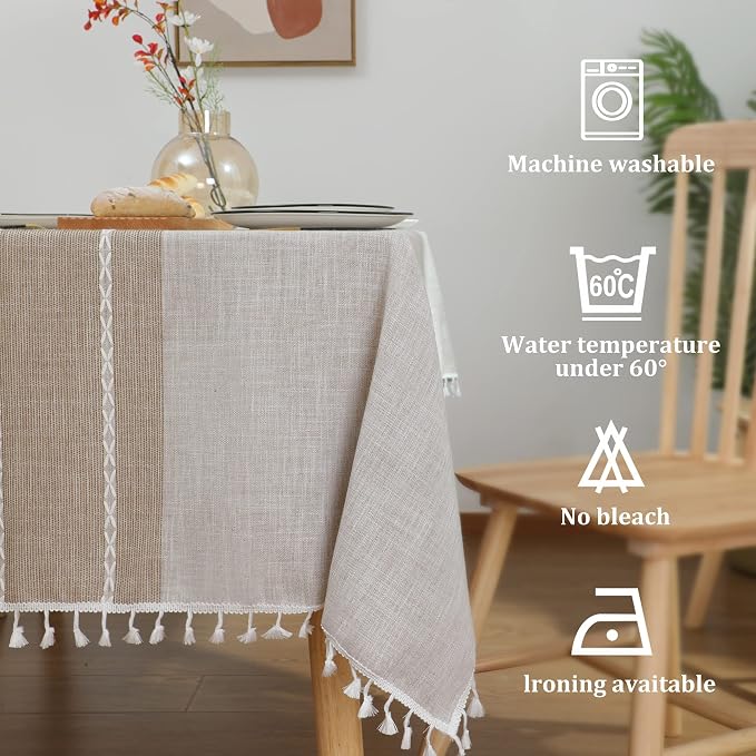 JIALE Tablecloths for Rectangle Tables, Cotton Linen Table Cloth Waterproof Tablecloth Wrinkle Free Farmhouse Dining Tables Cover, Soft Fabric Table Cloths with Tassels, Brown, 55" X 120", 10-12 Seats