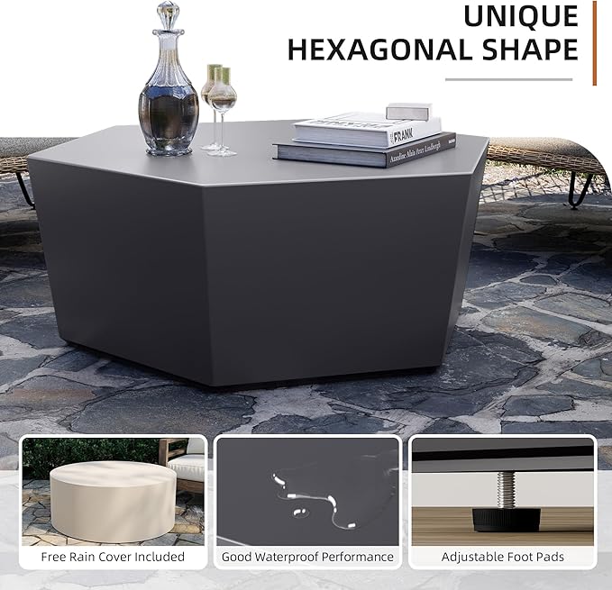 UPHA 35" Hexagon Outdoor Coffee Table, Modern Hollow Concrete Patio Table, Small Minimalist Low Accent Table for Living Room, Balcony, Deck, Backyard, Dark Gray
