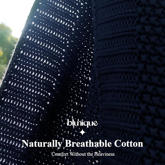 100% Cotton Cable Knit Throw Blanket, Lightweight Soft Knit Blanket for Sofa Couch Bed, Breathable All-Season Throw, Cozy Decorative Blanket, 50 x 60 Inch,Navy