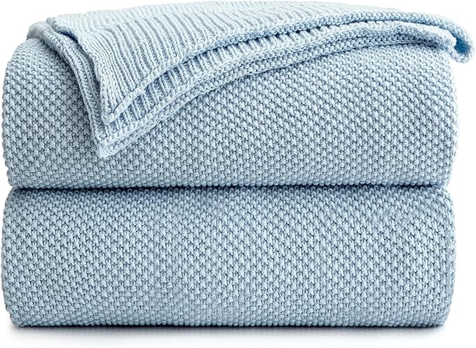 Longhui bedding 100% Cotton Light Blue Cable Knit Throw Blanket for Couch Sofa Bed Home Décor – Lightweight 50“ x 60”, Bonus Laundering Bag, Machine Washable