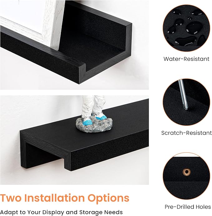 RICHFOCUS Picture Ledge Shelf, 24 inch Floating Shelves Set of 2, Wood Wall Shelves with Lip, Wall Decor Storage for Bedroom Living Room Bathroom Kitchen Nursery Photo Picture, Black