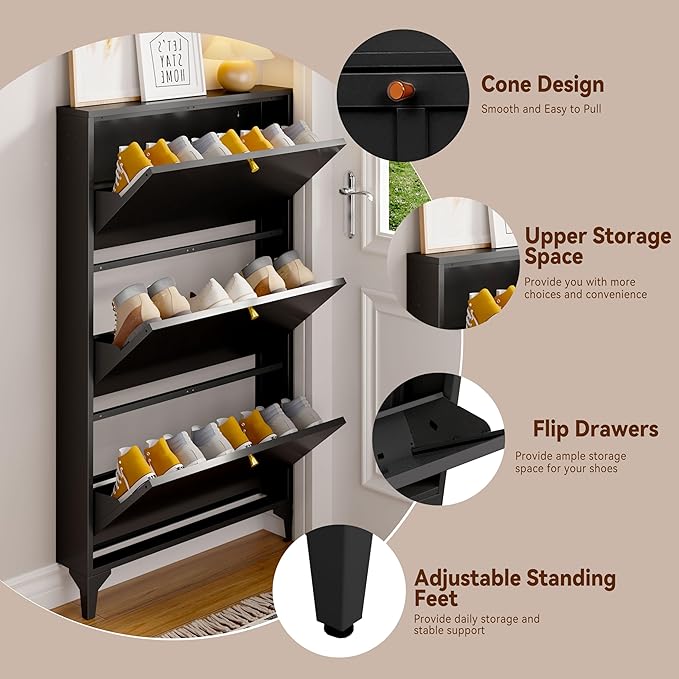 Slim Shoe Cabinet with 3 Flip Drawers,Narrow Shoe Cabinet,Freestanding Organizer,Metal Hidden Shoe Storage for Entryway,Hallway,Living Room(Width 27.56, Black)