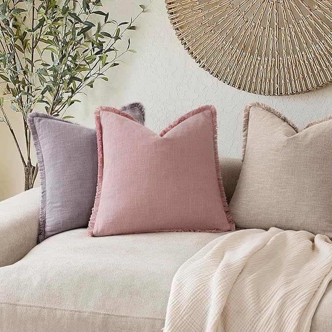 Foindtower Set of 2 Decorative Linen Fringe Lumbar Throw Pillow Covers Boho Farmhouse Cushion Cover with Tassels Soft Accent Pillowcase for Couch Sofa Bed Living Room Home Decor,12×20 Inch,Rose Pink