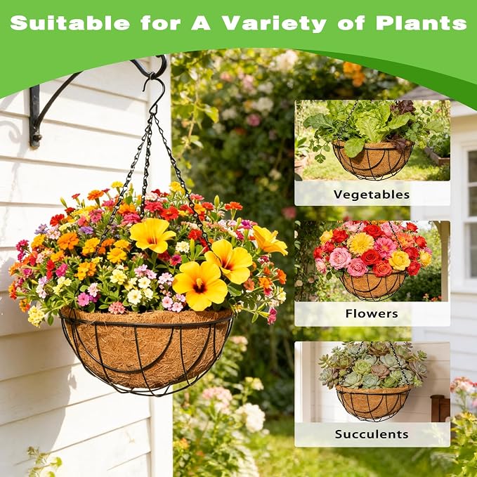 2 Pack 12 Inch Black Metal Hanging Basket Hanging Planter with Coco Coir Liner Heavy Duty Hanging Flower Pot Holder for Indoor Outdoor Patio Garden Porch Balcony Decor (Earth)