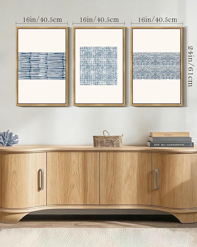PHOPAGO 16x24in Large Blue Abstract Framed Wall Art Modern Boho Neutral Line Wall Decor Minimalist Geometric Artwork Bedroom Living Room Natural Framed