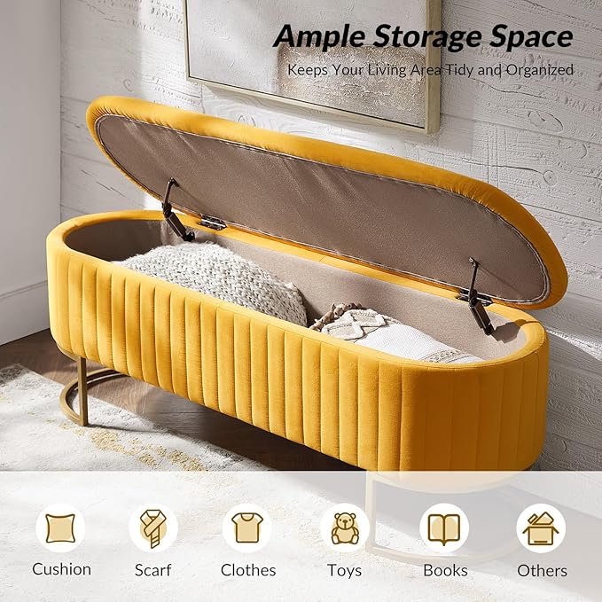 50.5” Velvet Storage Ottoman Bench with Gold-Toned Legs, Luxury Upholstered End of Bed Multi-Functional Footrest & Seat for Bedroom & Entryway