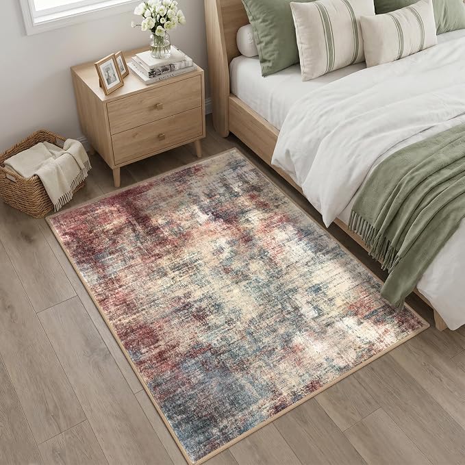 IOHOUZE Abstract Area Rug 4x5 Ft Washable Rugs for Entryway Indoor, Non Slip Small Living Room Rugs Printed Faux Wool Throw Rug, Floor Carpet for Kitchen Nursery Playroom, Red/Multi