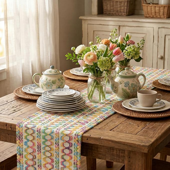 Artoid Mode Colorful Farmhouse Woven Rustic Hollow Spring Table Runner, Seasonal Summer Pride Month Holiday Kitchen Dining Table Decoration for Home Party Decor 12x90 Inch