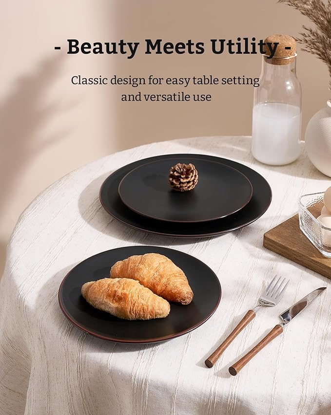 Famiware Venus Plates and Bowls Sets with Trim, 24 Pieces Stoneware Chip Resistant Dinnerware Dishes for 8, Matte Black - Microwave/Dishwasher Safe, Modern Minimalist, for Everyday Meals/Formal Dining
