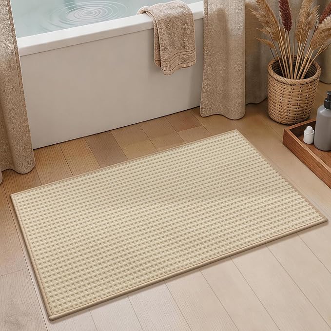 YIHOUSE Waffle Bath Mat, Ultra Soft & Absorbent Bathroom Rug, Non-Slip Rubber Backed, Quick Dry Shower Mat, Boho Farmhouse Bathroom Decor, Machine Washable, Beige, 17 * 30