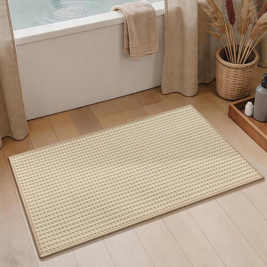 YIHOUSE Waffle Bath Mat, Ultra Soft & Absorbent Bathroom Rug, Non-Slip Rubber Backed, Quick Dry Shower Mat, Boho Farmhouse Bathroom Decor, Machine Washable, Beige, 17 * 30