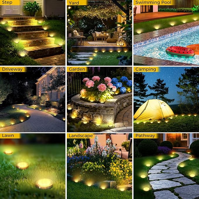 16 Pack Solar Ground Lights Outdoor, 8 LED Mini Flat Solar Disc Lights, IP65 Waterproof Pathway Lights Solar Powered, Landscape Lighting for Garden Walkway Driveway Yard Lawn,Warm White
