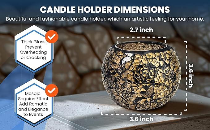 ELEGANTZ Tealight Candle Holder Centerpiece - Luxury Mosaic Glass Dining Table Decorations - Elegant Modern Tea Lights Decor - Set of 2