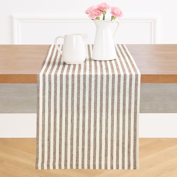 Solino Home Linen Table Runner 90 Inches Long - Amalfi Stripe, 100% Pure Linen Brown and Cream Farmhouse Table Runner 14 x 90 Inch for Dining