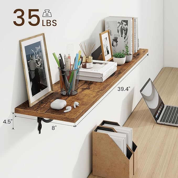 RICHFOCUS Floating Shelves for Wall Decor, 39.4W x 8D Shelves Set of 2, 8 Inch Deep Rustic Wood Shelves Wall Mounted with Brackets, Long Floating Shelves for Living Room Bedroom Kitchen, Rustic Brown