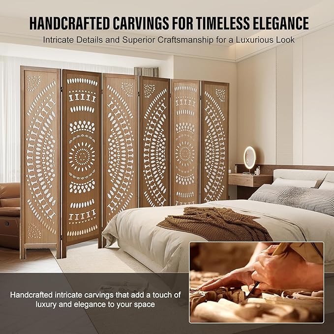 6 Panel Wood Room Divider Fully Assembled, Decorative Room Dividers and Folding Screens, 5.6Ft Room Divider Screen Freestanding Partition Wall Dividers for Home Bedroom Office, Brown