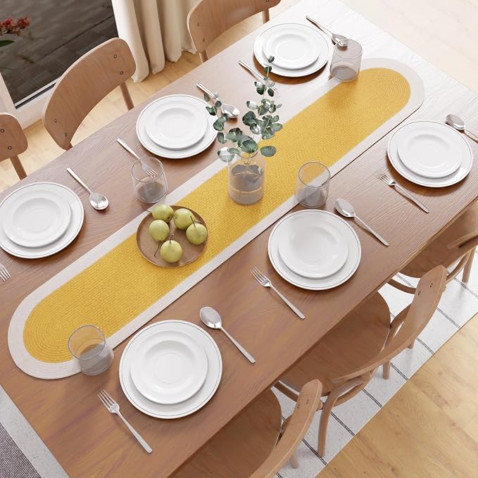 Encasa XO Dining Table Runner | Handmade Ribbed Style Cotton | 12x54 in | Yellow & Off White | for Coffee & Center Table
