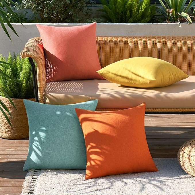 MIULEE Pack of 4 Decorative Outdoor Throw Pillow Covers Linen Waterproof Pillow Covers Summer Farmhouse Cushion Cases for Patio Garden Tent Balcony Couch Sofa 18x18 Inch Orange Teal