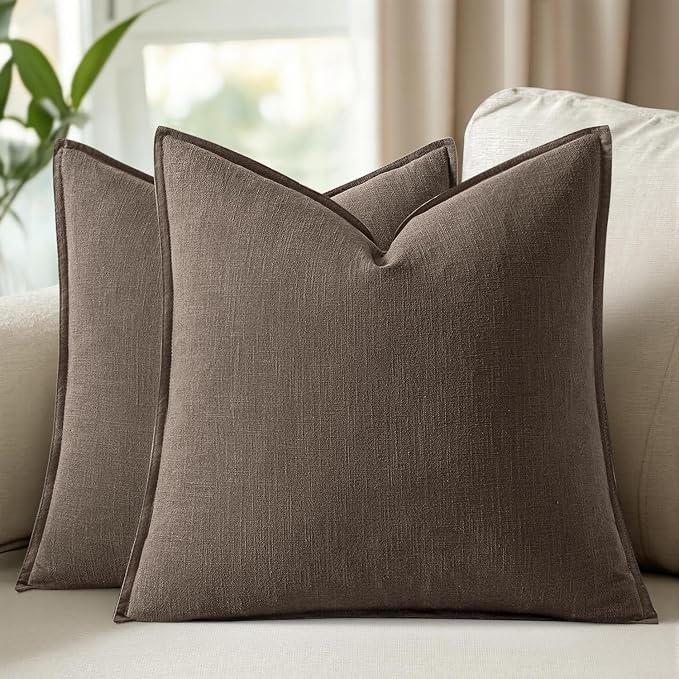 Decorative Linen Solid Throw Pillow Covers 20x20 Inch Set of 2 Coffee Boho Accent Farmhouse Pillows Modern Neutral Home Decor for Couch Sofa Living Room Bed