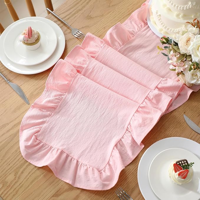Pink Ruffled Table Runner 72 Inches Long Scalloped Table Runner Rustic Cotton Tabletop Farmhouse Decor for Baby Shower Bride Shower Birthday Party Holiday Wedding (Solid Color)