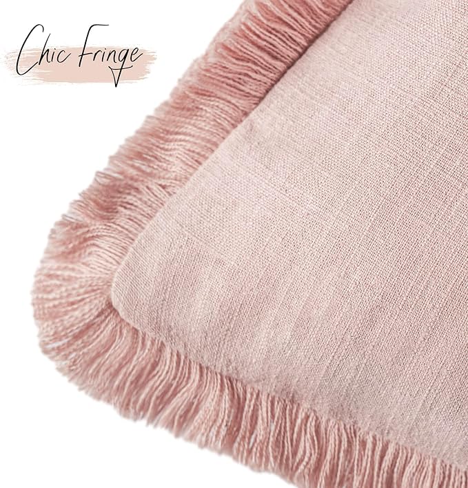 Foindtower Set of 2 Decorative Linen Fringe Throw Pillow Covers Boho Farmhouse Cushion Cover with Tassels Soft Accent Pillowcase for Couch Chair Sofa Bed Living Room Home Decor,18×18 Inch,Light Pink