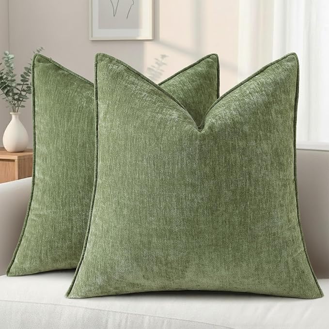 decorUhome Summer Couch Euro Sham Throw Pillow Covers 26x26 Set of 2, Decorative Soft Velvet Modern Cozy Chenille Pillow Cases with Elegant Design for Sofa Bed Living Room Home Decor, Olive Green