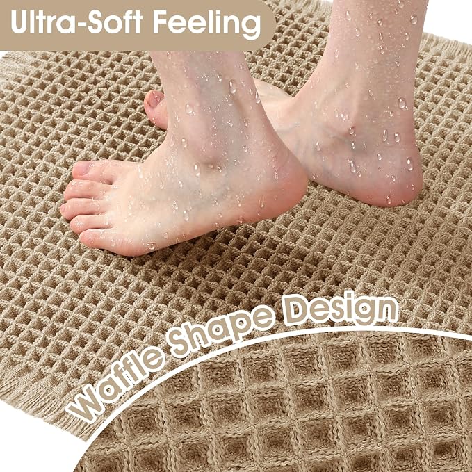 Upgraded Waffle Bath Mat Set 3 Piece Beige, Super Absorbent Non-Slip Quick Dry Bathroom Rugs with Tassels, Machine Washable Ultra Soft Boho Bath Rugs for Floor, Toilet Mats Boho Farmhouse Decor