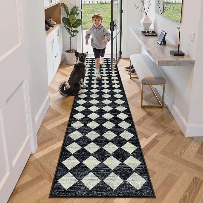 Lahome Zelie Checkered Washable 2x12 Runners for Hallways Non Slip, Black Kitchen Bathroom Runner Rugs, Modern Trellis Ultra-Thin Indoor Carpet Runner for Bedroom Dorm Classroom Decor (2'x12',Black)