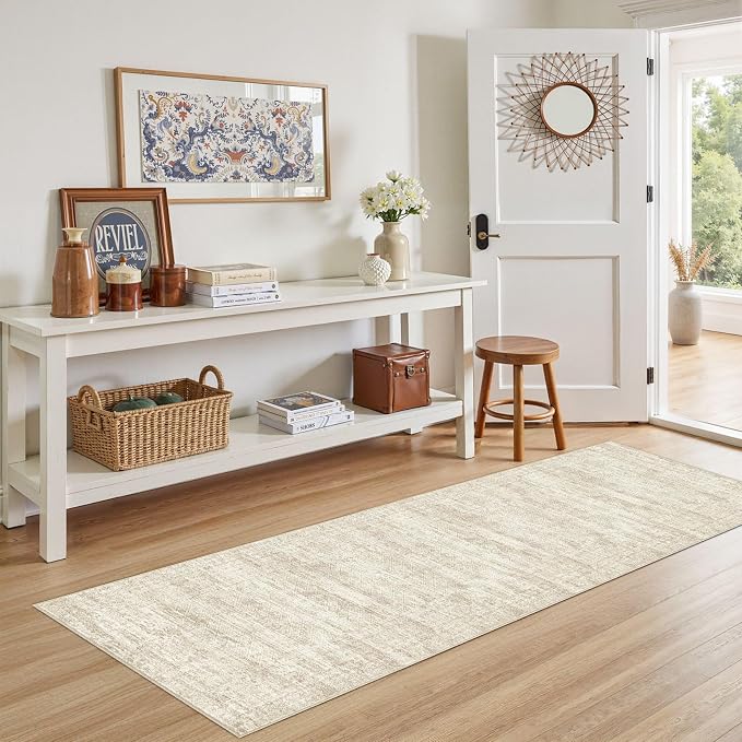 UERMEI 3x8 Washable Runner Rug for Hallway, Non Slip Low Pile Kitchen Carpet, Neutral Modern Abstract Indoor Floor Mat for Entryway Laundry, Kid & Pet Safe High Traffic Area, Beige/Brown